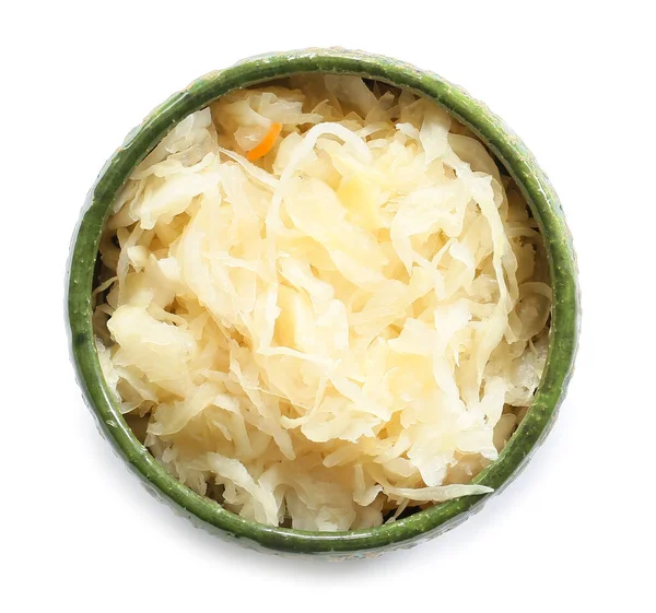 Bowl Tasty Sauerkraut White Background — Stock Photo, Image