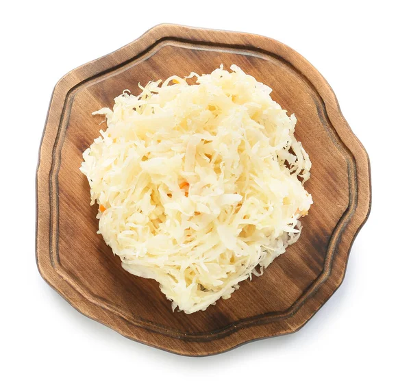 Wooden Board Tasty Sauerkraut White Background — Stock Photo, Image