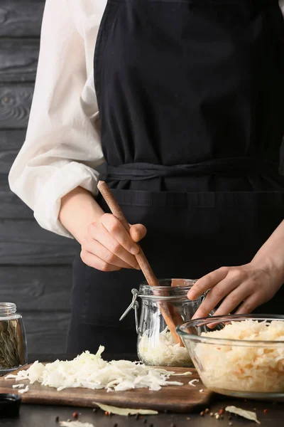 Woman Preparing Tasty Sauerkraut Kitchen Table Closeup — Stock Photo, Image