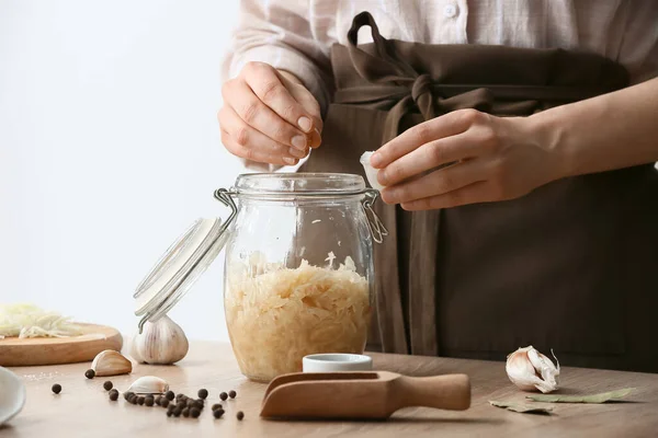 Woman Preparing Tasty Sauerkraut Kitchen Table Closeup — Stock Photo, Image