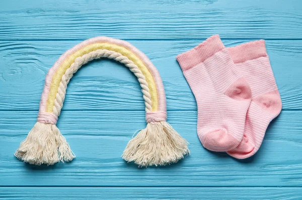 Baby Socks Toy Color Wooden Background — Stock Photo, Image