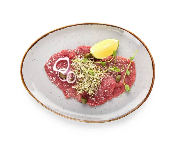 Bord Met Smakelijk Kalfsvlees Carpaccio Witte Achtergrond — Stockfoto