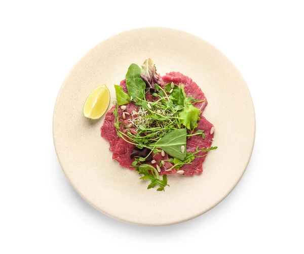 Plate Tasty Veal Carpaccio White Background — Stock Photo, Image