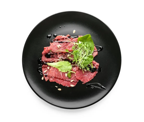 Plate Tasty Veal Carpaccio White Background — Stock Photo, Image