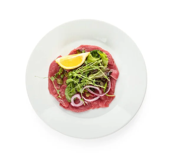 Plate Tasty Veal Carpaccio White Background — Stock Photo, Image