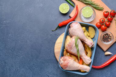 Koyu arka planda çiğ tavuk bacağı ve patatesli fırın tabağı.