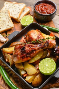 Kızarmış tavuk budu ve ahşap arka planda fırında patates.