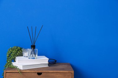Renk duvarının yanında kitap ve bitki yetiştiren Reed dağıtıcısı