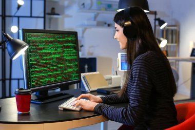 Geceleri bilgisayarla çalışan kadın programcı.
