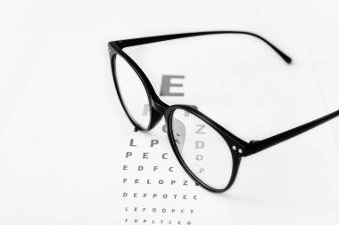 Beyaz arkaplanda göz testi grafiği olan şık gözlükler, yakın plan.