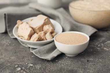 Arka planda taze ve kuru maya olan kaseler.