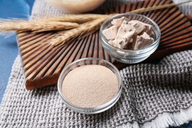 Renkli arkaplanda taze ve kuru maya ile kompozisyon