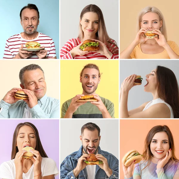 Groupe Personnes Avec Des Hamburgers Savoureux Sur Fond Couleur — Photo