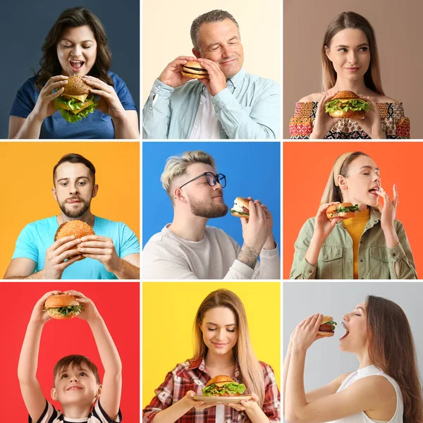 色の背景においしいハンバーガーを持つ人々のグループ — ストック写真