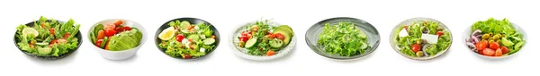 Assiettes Avec Différentes Salades Saines Sur Fond Blanc — Photo
