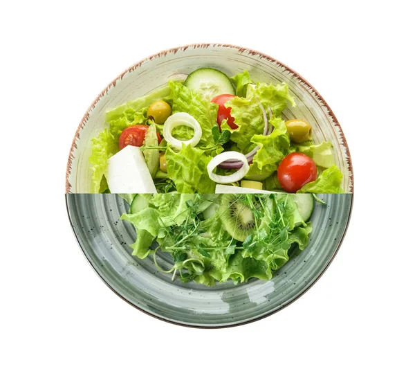 Bord Met Verschillende Gezonde Salades Witte Achtergrond — Stockfoto