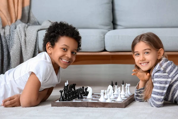 Cute Children Playing Chess Home — Stock Photo, Image