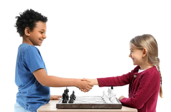 Cute Little Children Playing Chess White Background — Stock Photo, Image