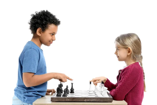 Cute Little Children Playing Chess White Background — Stock Photo, Image