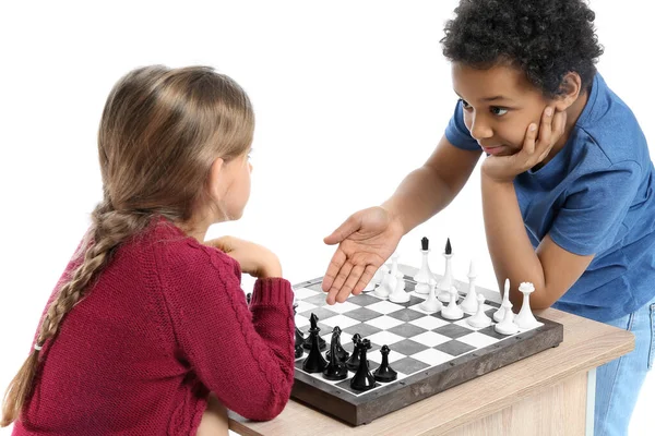 Cute Little Children Playing Chess White Background — Stock Photo, Image