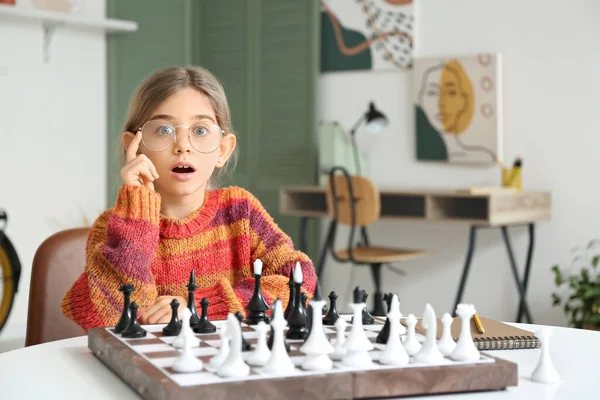 Cute Little Girl Playing Chess Home — Stock Photo, Image