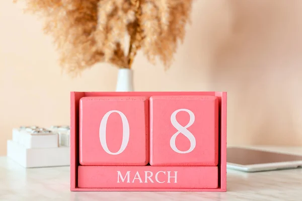 Calendrier Cubique Avec Date Mars Sur Table Dans Chambre Gros — Photo