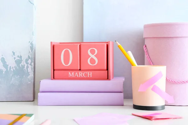 Cube Calendar Date March Books Table Room Closeup — Stock Photo, Image