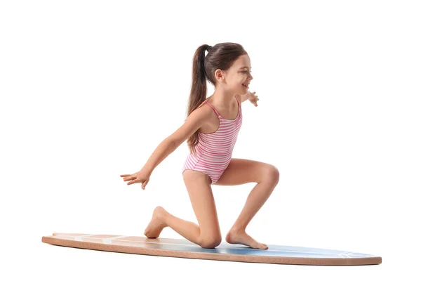 Cute Little Girl Deską Surfingową Białym Tle — Zdjęcie stockowe