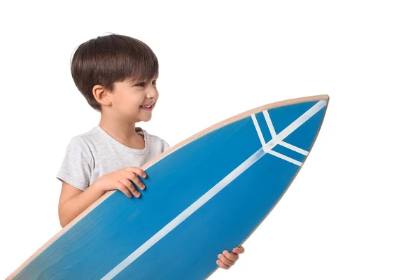 Bonito Menino Com Prancha Surf Fundo Branco — Fotografia de Stock