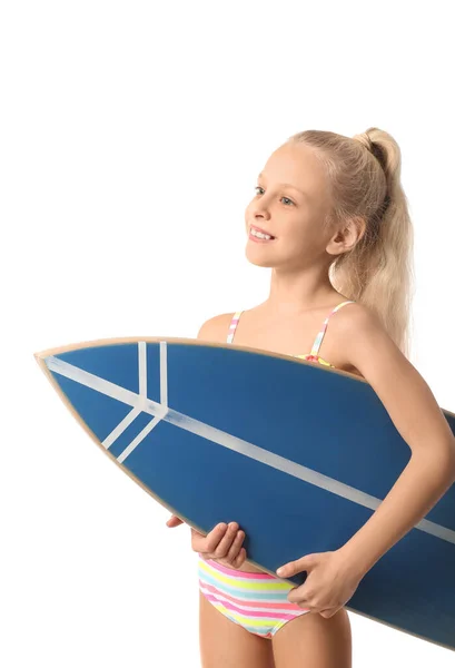 Schattig Klein Meisje Met Surfplank Witte Achtergrond — Stockfoto