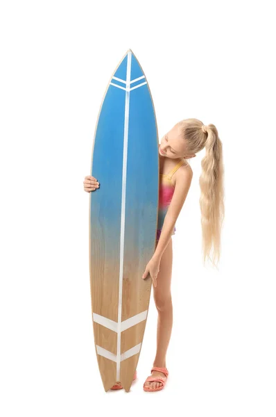 Petite Fille Mignonne Avec Planche Surf Sur Fond Blanc — Photo