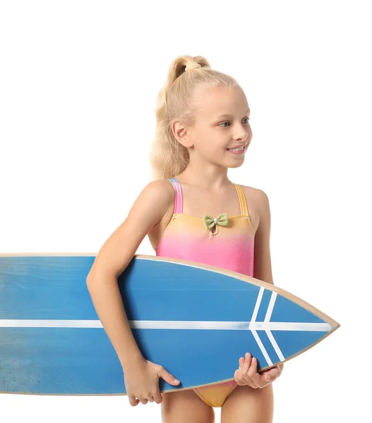 Schattig Klein Meisje Met Surfplank Witte Achtergrond — Stockfoto