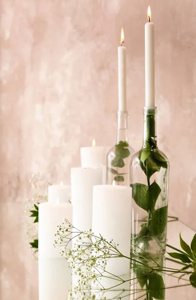 Burning Candles Glass Table Color Wall — Stock Photo, Image