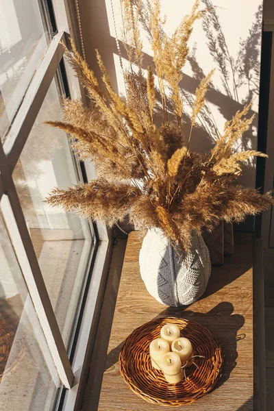 Burning Candles Vase Windowsill — Stock Photo, Image