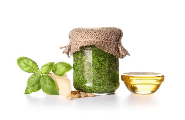 Jar Fresh Pesto Sauce Ingredients White Background — Stock Photo, Image