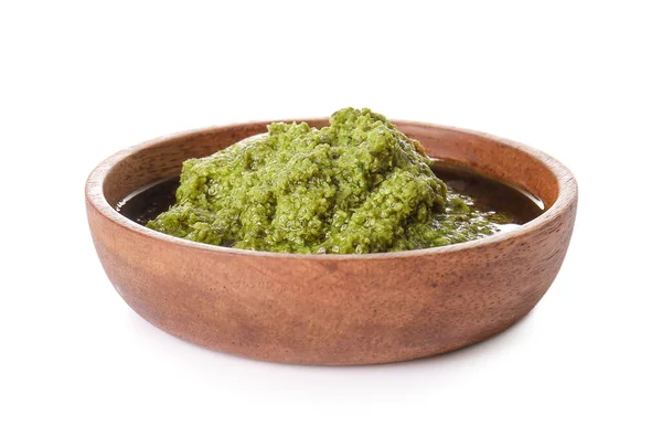 Bowl Fresh Pesto Sauce White Background — Stock Photo, Image