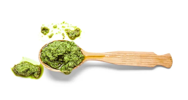 Spoon Fresh Pesto Sauce White Background — Stock Photo, Image