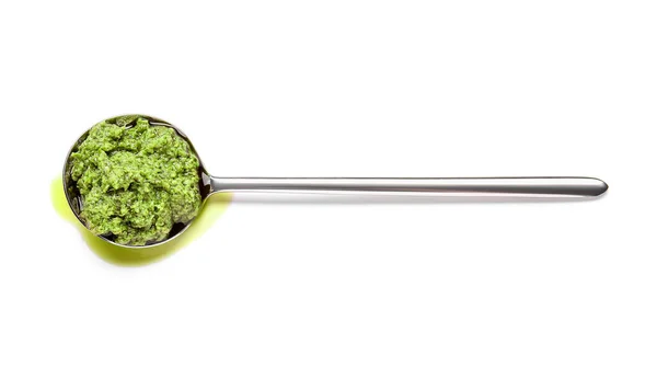 Spoon Fresh Pesto Sauce White Background — Stock Photo, Image