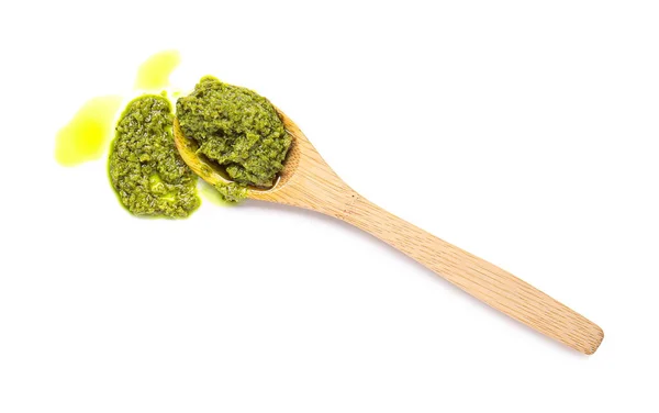 Spoon Fresh Pesto Sauce White Background — Stock Photo, Image