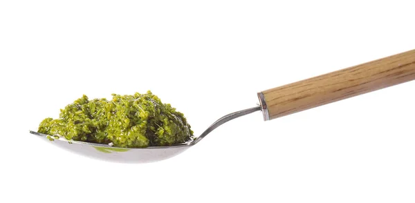 Löffel Mit Frischer Pesto Sauce Auf Weißem Hintergrund — Stockfoto