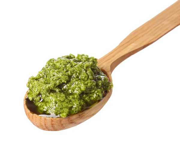 Spoon Fresh Pesto Sauce White Background — Stock Photo, Image