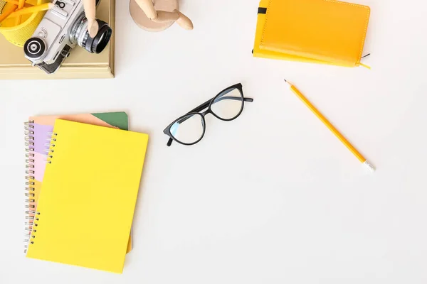 Stylish Eyeglasses Notebooks Pencil White Background — Stock Photo, Image