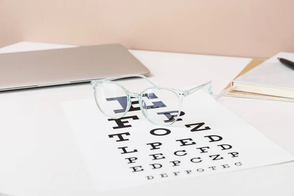 Stylish Eyeglasses Eye Test Chart Table Closeup — Stock Photo, Image
