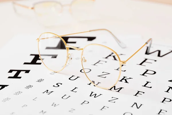 Stylowe Okulary Wykresem Badań Wzroku Białym Tle Zbliżenie — Zdjęcie stockowe