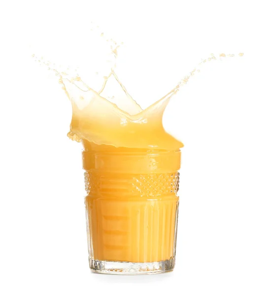 Glas Vers Sinaasappelsap Met Plons Witte Ondergrond — Stockfoto