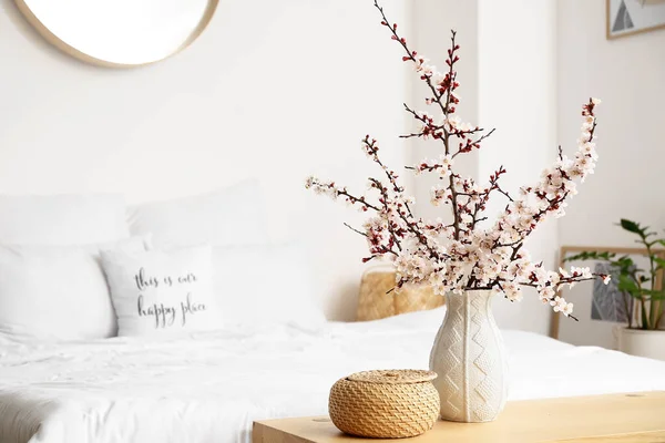 Vase Beautiful Blossoming Branches Bedside Bench Room — Stock Photo, Image