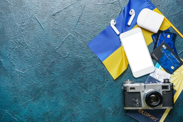 Photo Camera Mobile Phone Credit Cards Passport Ticket Ukrainian Flag — Stock Photo, Image