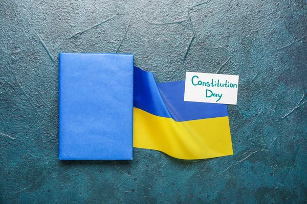 Book Flag Ukraine Card Text Constitution Day Dark Color Background — Stock Photo, Image