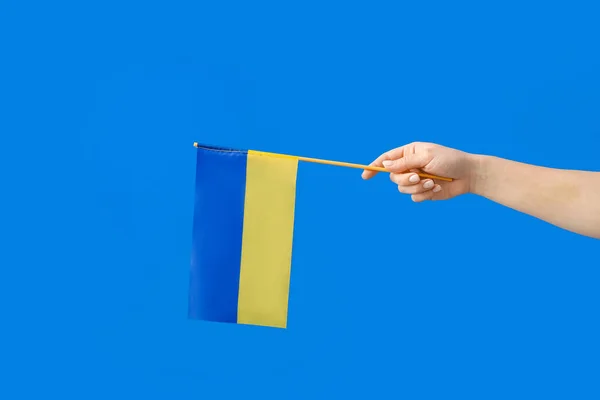 Female Hand Flag Ukraine Color Background — Stock Photo, Image