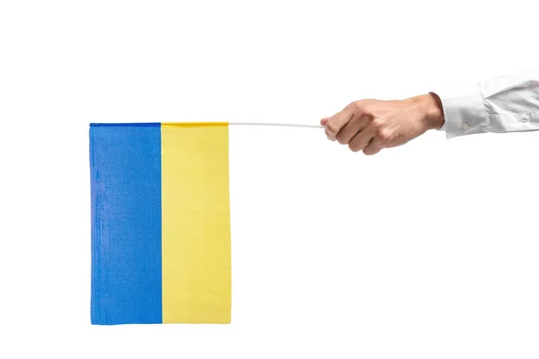 Mano Masculina Con Bandera Ucrania Sobre Fondo Blanco — Foto de Stock